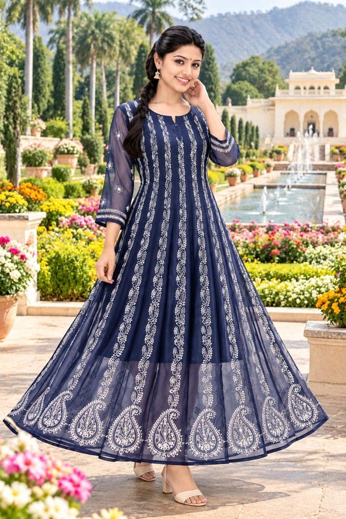 Mrs Right Women’s Lucknowi Chikankari Anarkali Kurta in Soft Georgette | Handcrafted Floral Embroidery | 3/4 Sleeves | 45 Inch Length | 74 Inch Flare | Festive Ethnic Wear view 5