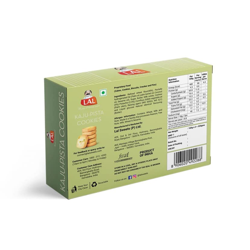 Lal Sweets Kaju Pista Cookies 320g (Pack Of 1) || Made With Fresh Cashew Nuts and Pistachio || Indian Traditional Biscotti || No Added Coloring Agent || Crunchy and Delicious Pistachio Cookies || Fresh Tea Time Snack view 2