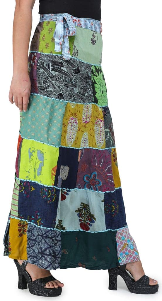 Blue-Elixir Printed Long Boho Wrap-On Long Skirt from Gujarat with Patch Work view 2