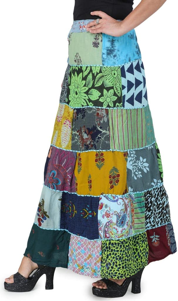 Blue-Elixir Printed Long Boho Wrap-On Long Skirt from Gujarat with Patch Work view 3