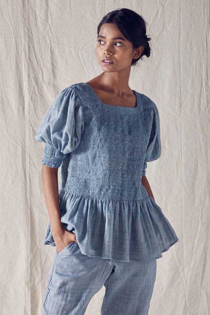 Indigo Smock Peplum Top In Organic Cotton view 4