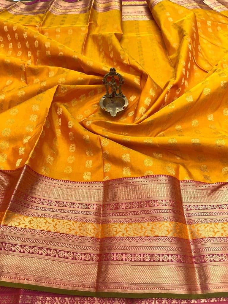 Yellow with Dark Pink Color Saree Has Double Butta Design with Unstitched Blouse view 4