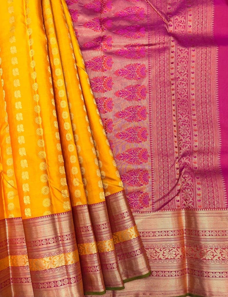 Yellow with Dark Pink Color Saree Has Double Butta Design with Unstitched Blouse view 6