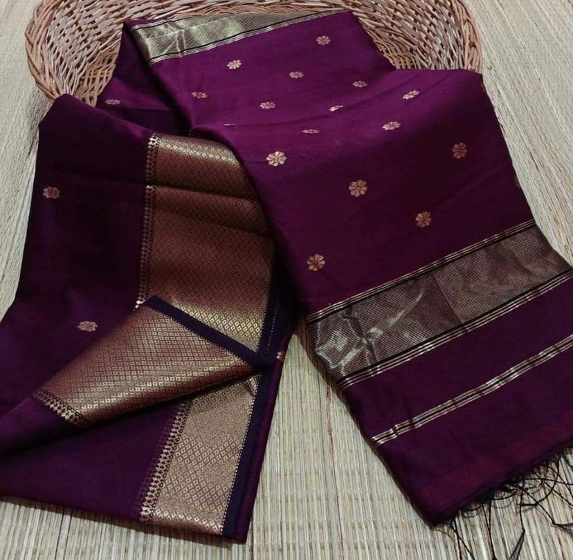 Pure Maheshwari Silk Saree Butta Body Dark Purple Color running blouse with butta design-1977