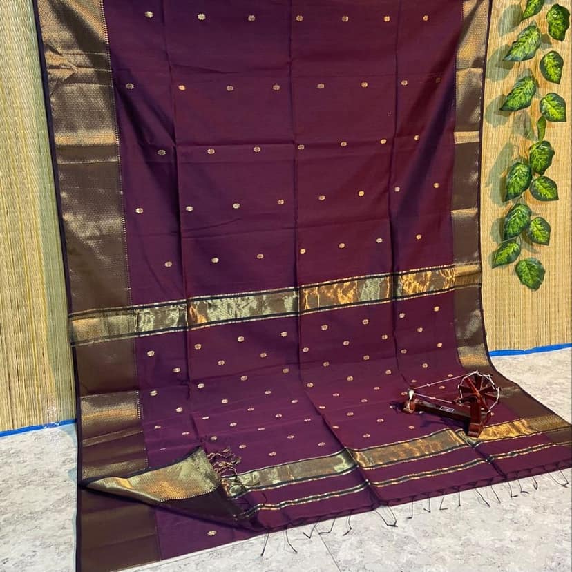 Pure Maheshwari Silk Saree Butta Body Dark Purple Color running blouse with butta design-1977 view 2