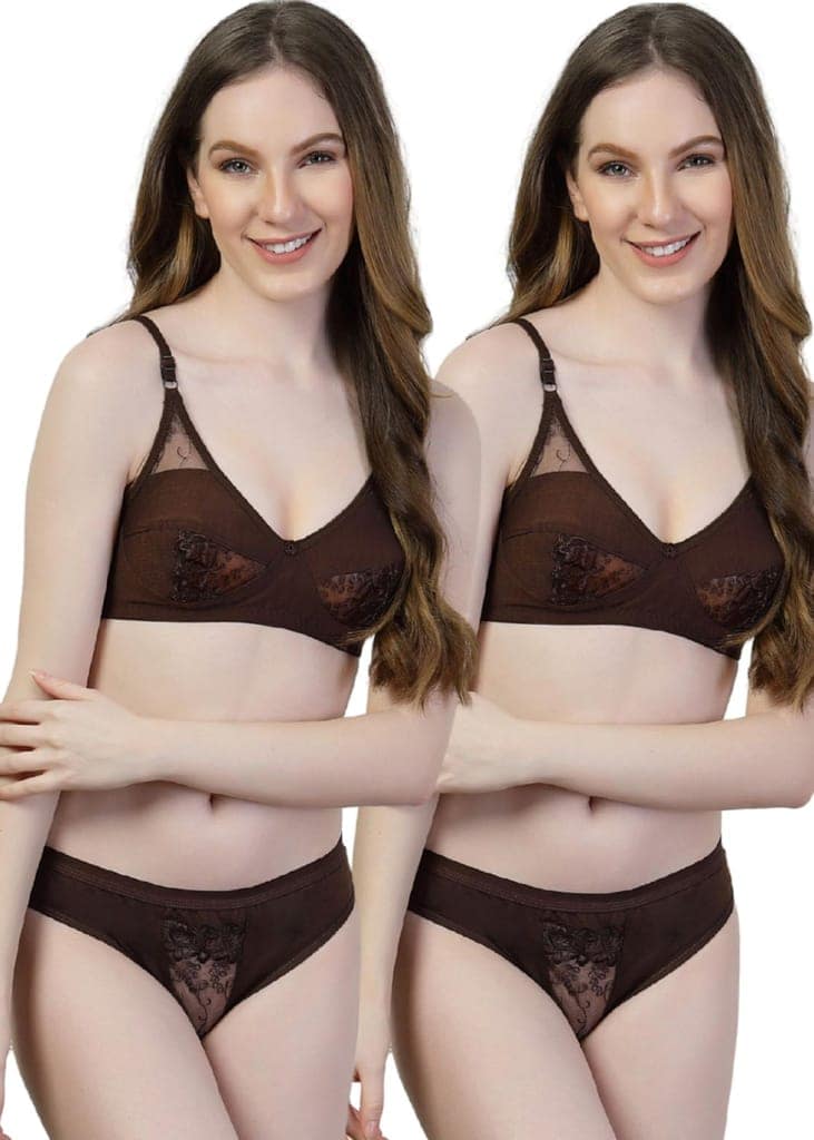 adornstar Women Cotton Lingerie Set with Solid Color Design | Non Wired and Non Padded Bra with Full Coverage Hipster Panty Set | Stylish and Soft Stretchable Fabric (Pack of 2)