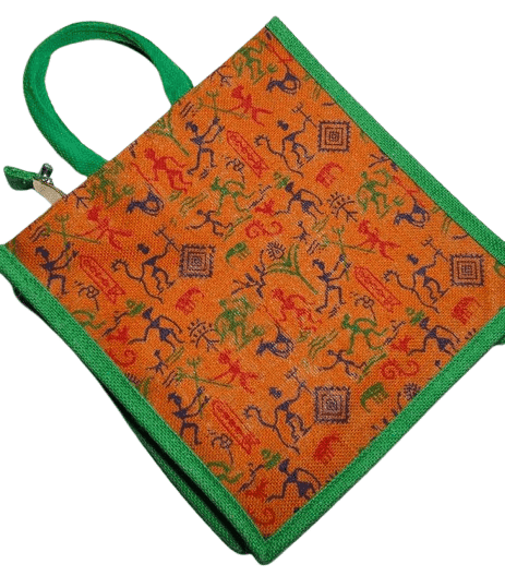 Jute Lunch Bag with Colorful Tribal Warli Painting and Green Trim view 2