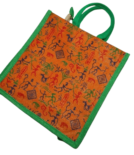 Jute Lunch Bag with Colorful Tribal Warli Painting and Green Trim view 3