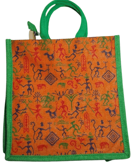 Jute Lunch Bag with Colorful Tribal Warli Painting and Green Trim view 4