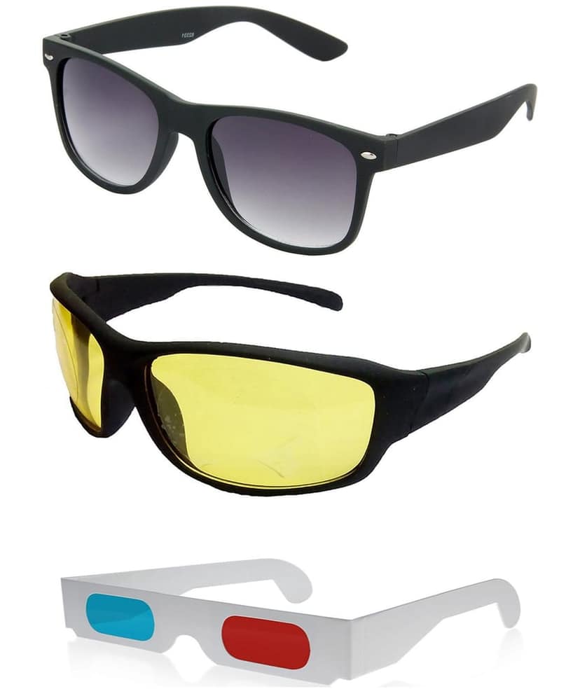 HRINKAR Rectangular And Sports Stylish Sunglasses For Men And Women (Grey And Yellow Lens | Black And Black Frame - HCMB257) With Free Paper 3D Glass