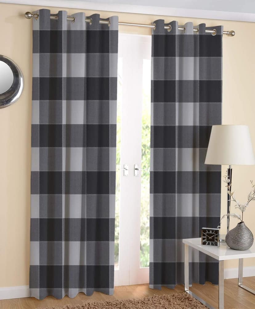 AIRWILL Black Checkered Pattern Cotton 4-Way Dobby Black Designed Long Door Curtains 4x9ft Pack of 2 Pieces