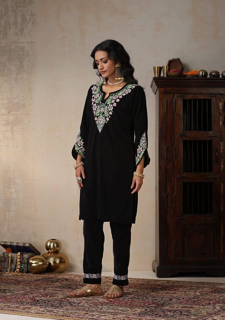 Velvet Chikankari Solid Women's 2 PC Short Kurta Set - Black view 2