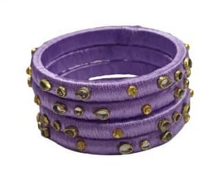 Stylish Purple Silk Thread Bangles with Kundan & Golden Beads Set of 4
