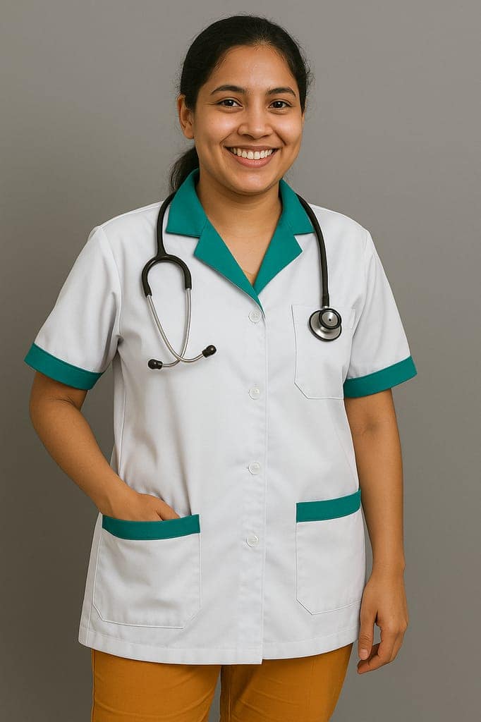 Unisex Staff Apron | 3-pockets Apron | White Apron with Green Collar | Comfortable | Durable | Best Fitted For Medical Professionals (Staff, Nursing & Lab Technicians)