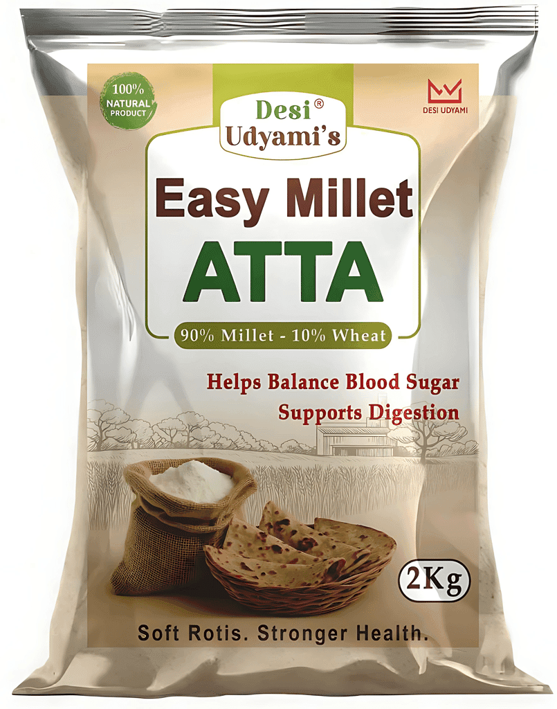 Desi Udyami EasyMillet Multigrain Atta – Diabetes-Friendly, Low GI, High Fiber Roti Flour (Jowar, Ragi, Bajra, Methi, Jeera) | Multigrain Flour for Diabetes, Weight Loss & Thyroid | Low GI Millet Atta with 10% Wheat 2 Kgs (pack of 2)