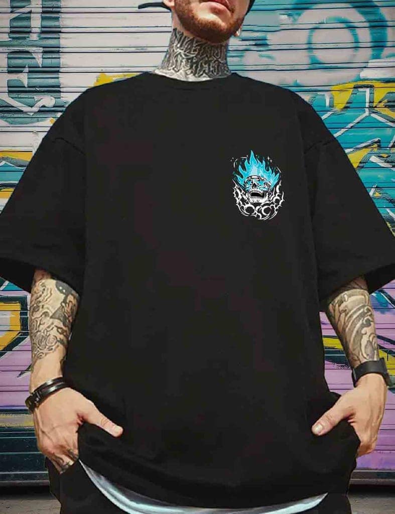 SCOTT FINCHER Men's Blue Flame Skull T-Shirt | Streetwear Graphic Tee | Casual Cotton Short Sleeve Top : AA(ARN)BLACK_173 view 4