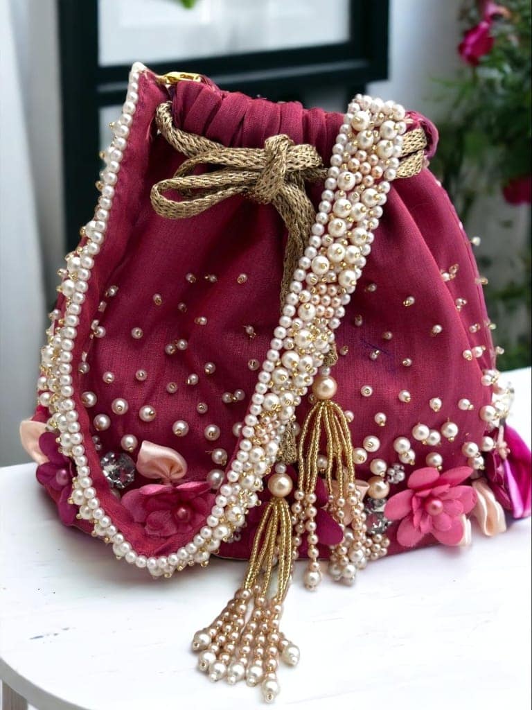 Art By Chaitasi Elegant Handmade Red Premium Raw Silk Potli Bag for ladies | bucket bag style and wedding with Stone, Pearl, and handwork with pearl handle view 3