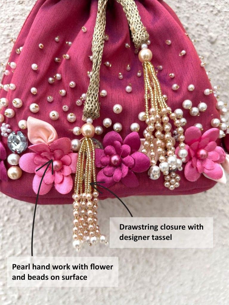 Art By Chaitasi Elegant Handmade Red Premium Raw Silk Potli Bag for ladies | bucket bag style and wedding with Stone, Pearl, and handwork with pearl handle view 4