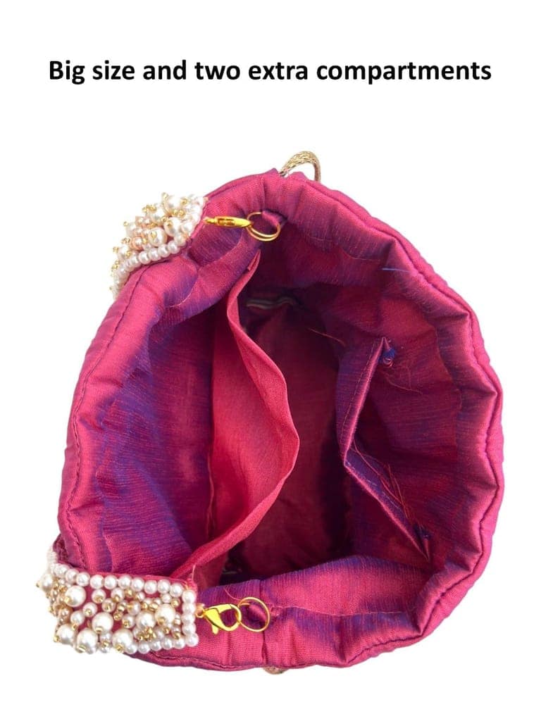 Art By Chaitasi Elegant Handmade Red Premium Raw Silk Potli Bag for ladies | bucket bag style and wedding with Stone, Pearl, and handwork with pearl handle view 6