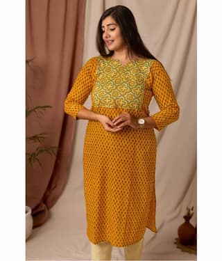 AMTHI Women Cotton Self Design A-line Kurti ( Mustard )