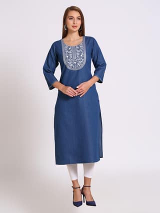 Denim Embroidered Kurta, Blue - M (Style -2459)