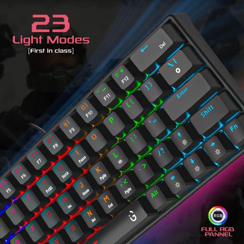 iGear Raptor 60% Wired RGB Gaming Keyboard, 63 Keys Compact Mechanical Keyboard, Software Supported, 64 RGB Backlit Keys, 23 Light Modes, 1.5m Braided Type C Detachable Cable,1 Year Warranty(Black) view 2