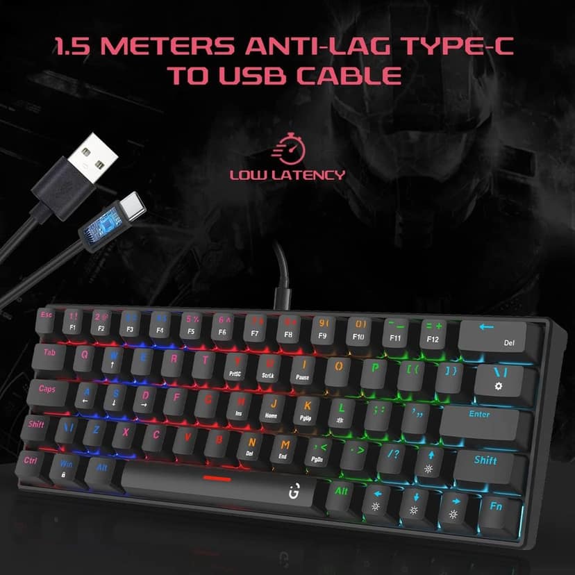 iGear Raptor 60% Wired RGB Gaming Keyboard, 63 Keys Compact Mechanical Keyboard, Software Supported, 64 RGB Backlit Keys, 23 Light Modes, 1.5m Braided Type C Detachable Cable,1 Year Warranty(Black) view 5