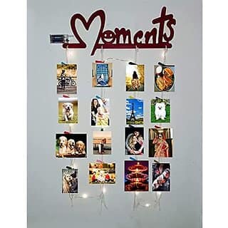 Khush Its Amazing Home Decor Wood Maroon Moments With LED Light Hanging Photo Display, DIY Picture Photo Frame Collage Set Includes Multi colour Clips