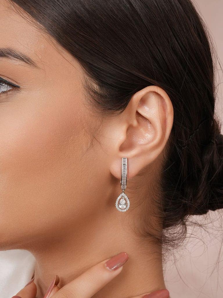 925 Sterling Silver Rhodium Plated Tear Drop Stud Earrings view 2