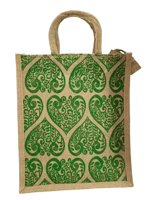 Eco-Friendly Jute Tote Bag with Green Heart Pattern