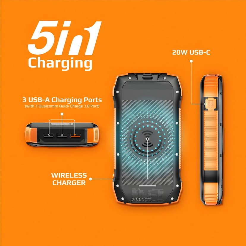 OUKAFEN Solar Power Bank Portable Charger 40000mAh Huge Capacity 20W Wireless Charger,Dual High Beam LED Flashlight,Type-C Turbo Charge for All Smartphones view 4
