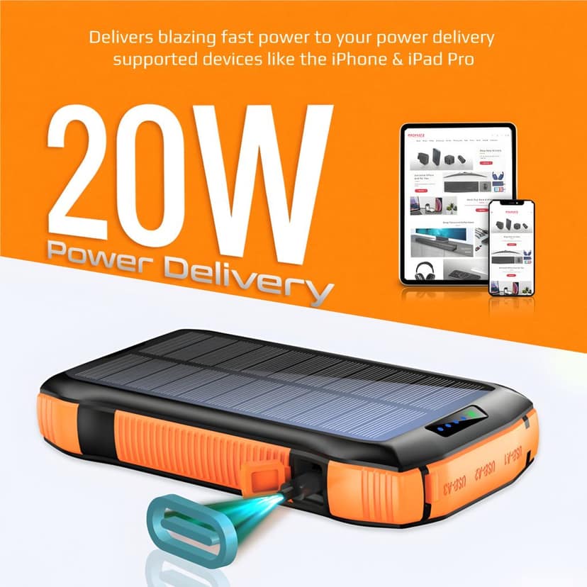 OUKAFEN Solar Power Bank Portable Charger 40000mAh Huge Capacity 20W Wireless Charger,Dual High Beam LED Flashlight,Type-C Turbo Charge for All Smartphones view 8