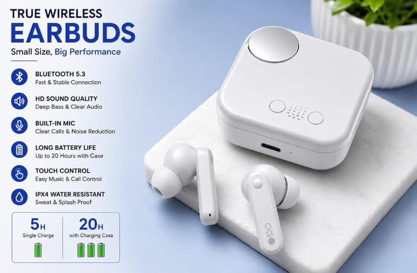 Premium quality buds bluetooth connect with type c charger white view 3
