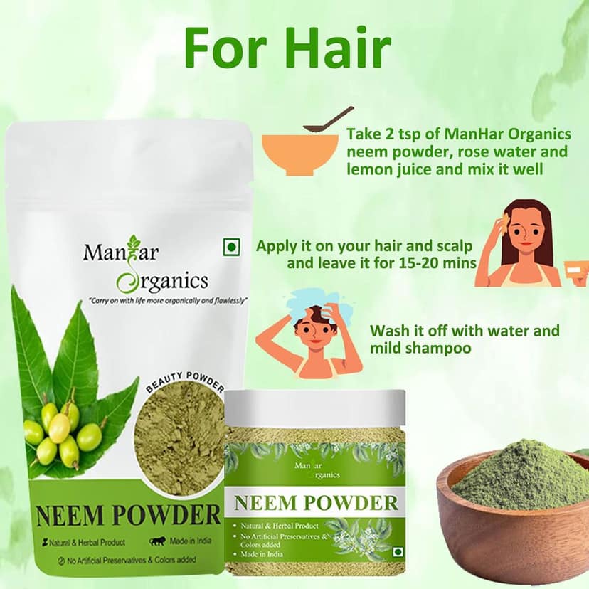 ManHar Organics Neem Powder jar 100gm | Pure & Natural | Herbal Skin & Hair Care Remedy | Fights Acne, Dandruff & Scalp Issues | No Additives view 7
