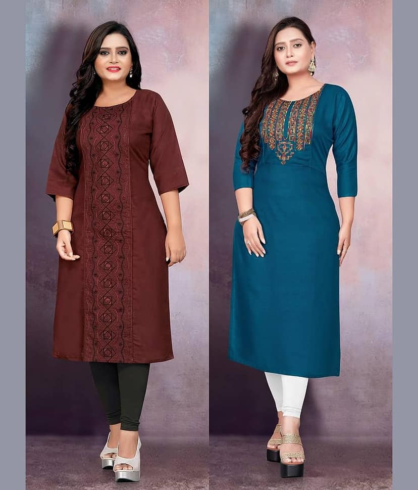 RIAANA Women Cotton Blend Embroidered Straight Kurti ( Multicolor )