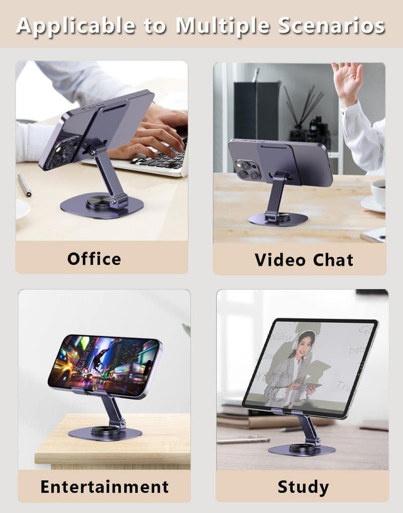 Premium 360° Adjustable Metal Phone Stand, Foldable Desktop Holder with Anti-Slip Base, All-Metal Construction, Height Adjustable for Mobile Phones and Tablets (Grey) view 3