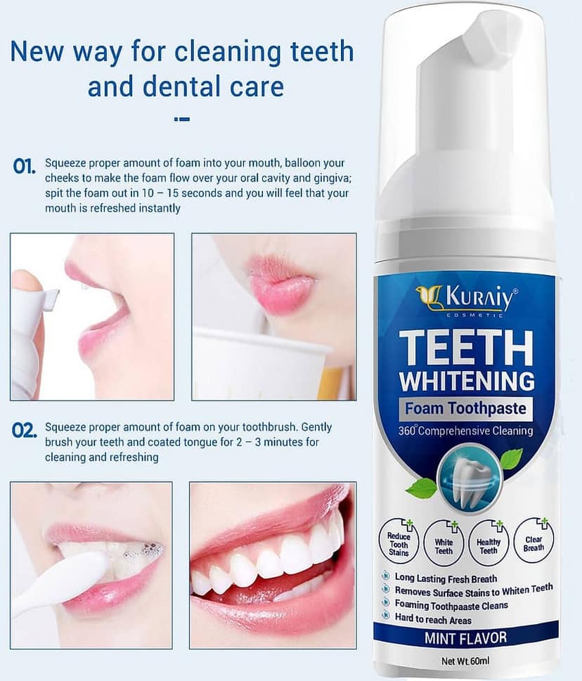 KURAIY Teeth Whitening Oral Hygiene Breath Toothpaste Foam 60ML PACK OF 3 view 2