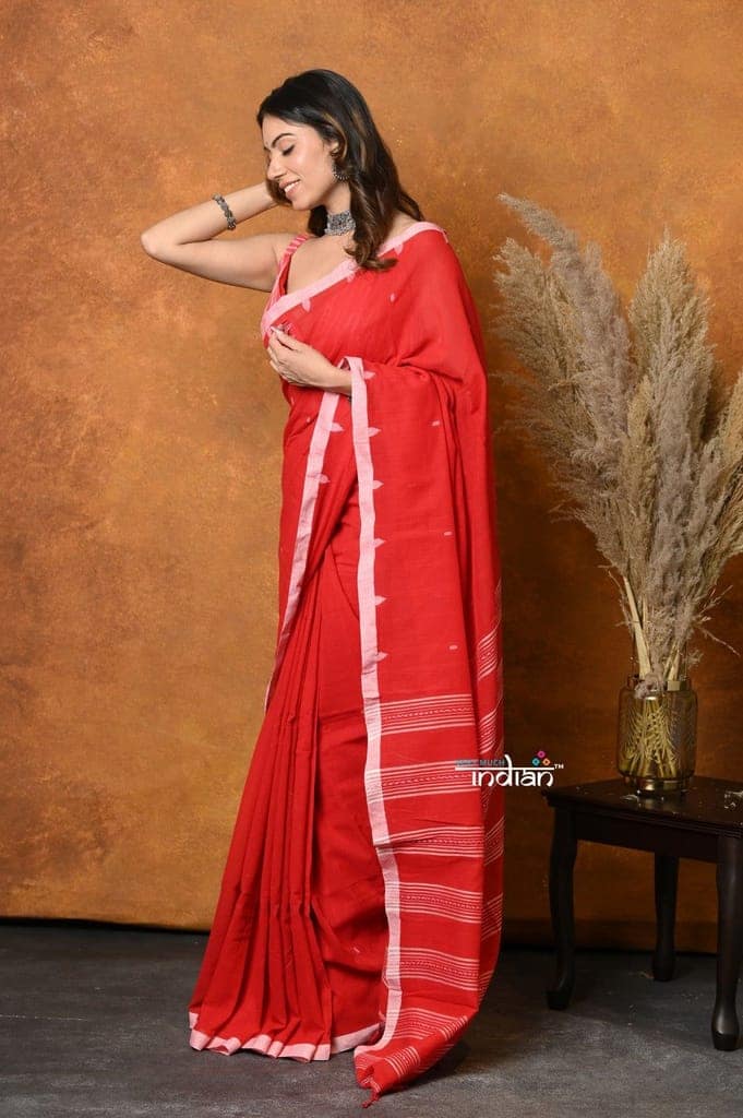 Mastaani ~ Pure Cotton Handloom Saree with Buttis & Sleek Border - Red view 2