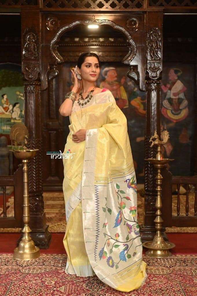 Exclusive Muniya Border - Authentic Handloom Pure Silk Muniya Border Paithani With Tissue Lines and Grand Pallu ~Tuscany Yellow view 2