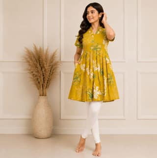 Women Mustard Yellow Floral Printed Pleated Kurta