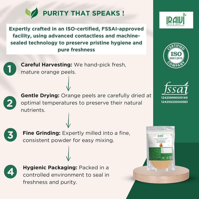 IRAIVI Premium Orange Peel Powder-200g | 100% Pure Natural Skin Brightener & Exfoliant | Promotes Radiance, Refreshes Skin & Aids Oil Balance | Chemical-Free Beauty view 5