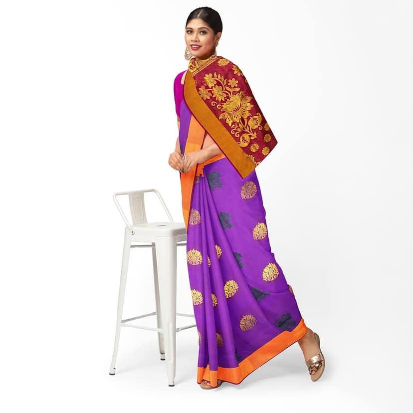 Dark Violet Color Mixed Soft Silk Saree with Unstitched Blouse view 3