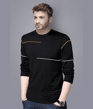 Reya Cotton Blend Regular Fit Striped Full Sleeves Men's Round T-Shirt - Black ( Pack of 1 )