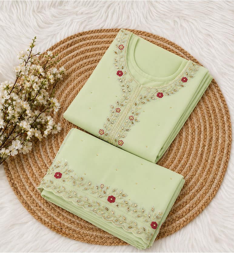 Handcrafted Zari Zardozi Georgette Kurta and Dupatta Set view 2