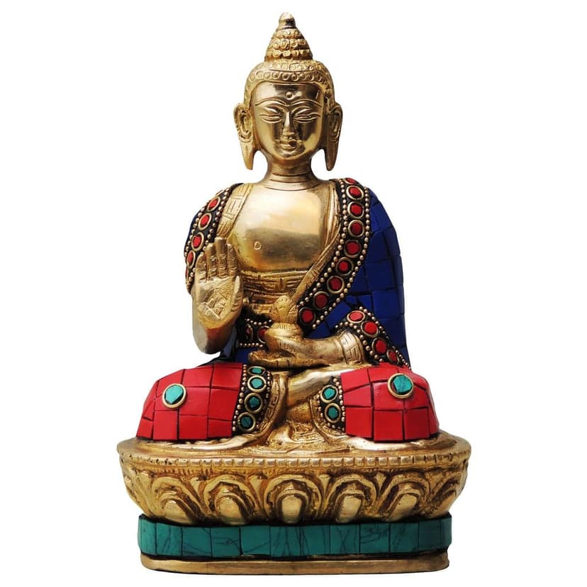 Brass Buddha Stone Statue with Turquoise Coral Finish, Height : 7 Inch (BSMAS435) view 2