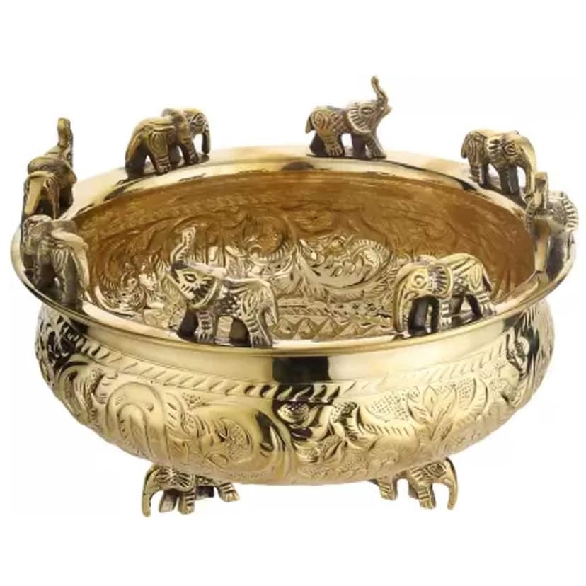 Brass Decorative Elephant Urli ? Premium Home Decoration Bowl, Diameter : 8 Inch (ATMAS037 C) view 4