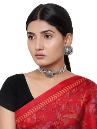 Cardinal Oxidized Silver Color Choker Necklace Set