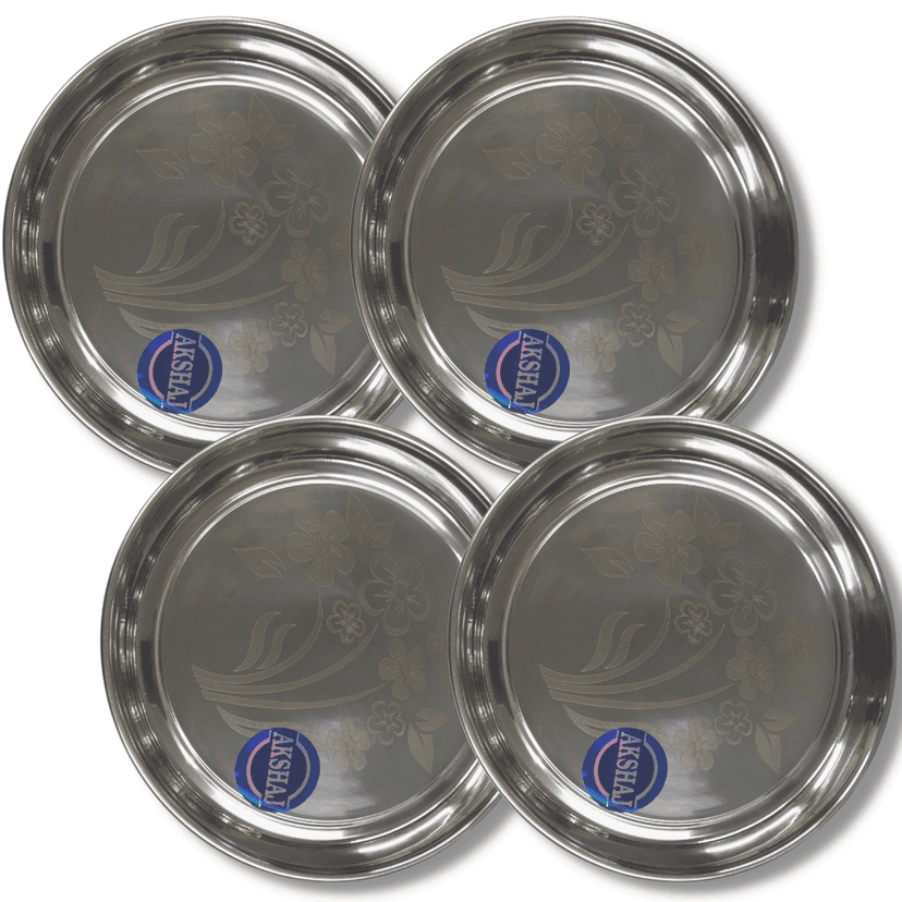 SHINI LIFESTYLE Stainless Steel Plate, khumcha Thali, Floral design, dinner plate 4pc