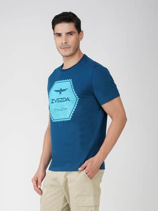 Premium Single Jersey Cotton Branded Round Neck Tee-Blue