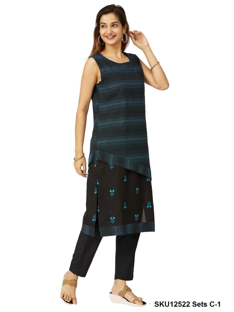 Women's Sleeveless Black & Teal Layered Cotton Kurti with Embroidered Design and Palazzo Set view 3